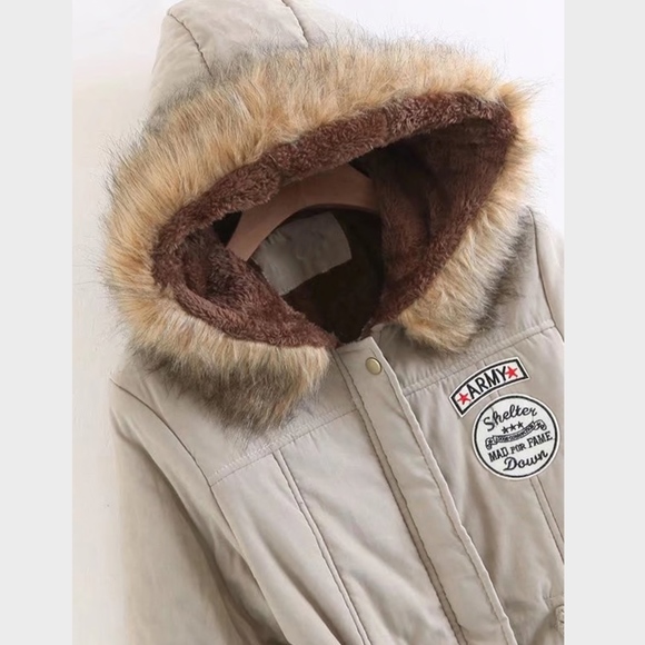 Hooded Faux Fur Drawstring Taupe Parka Jacket - Picture 4 of 11